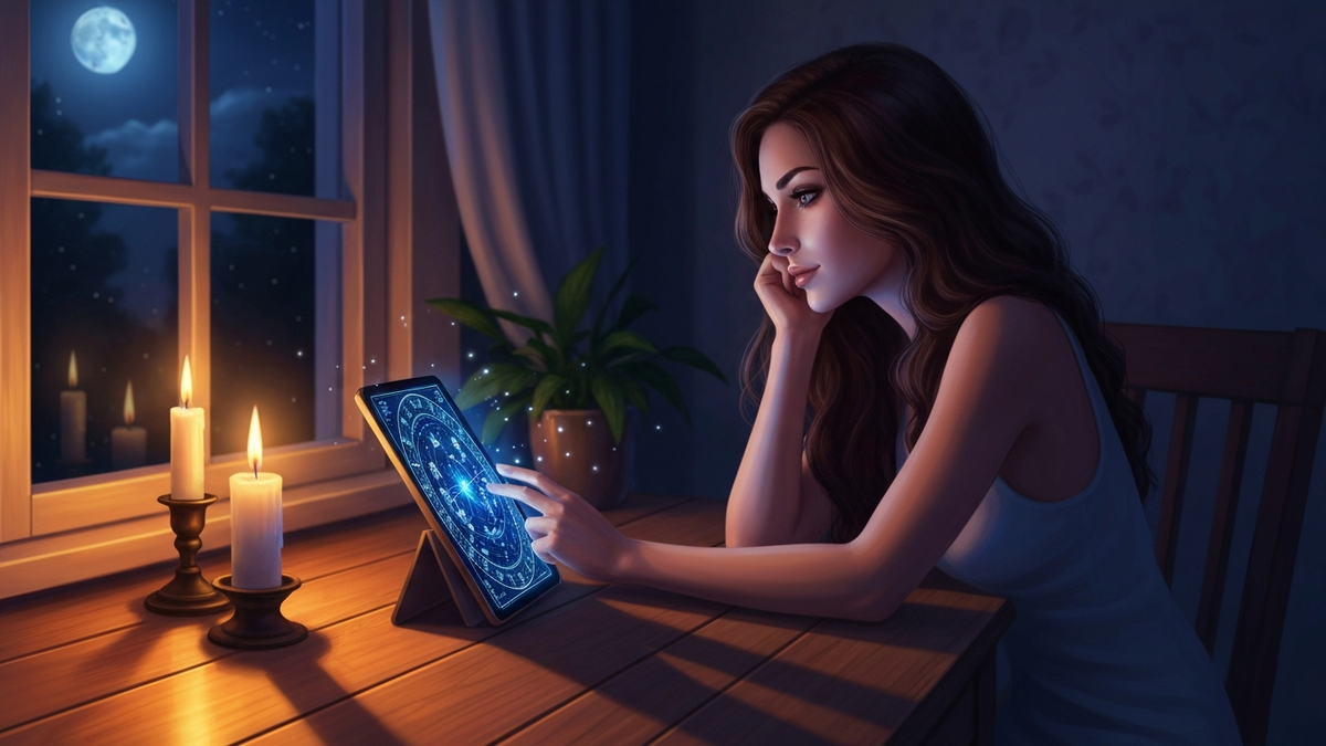 Женщина изучает свой гороскоп по дате рождения на телефоне — астрология и самопознание