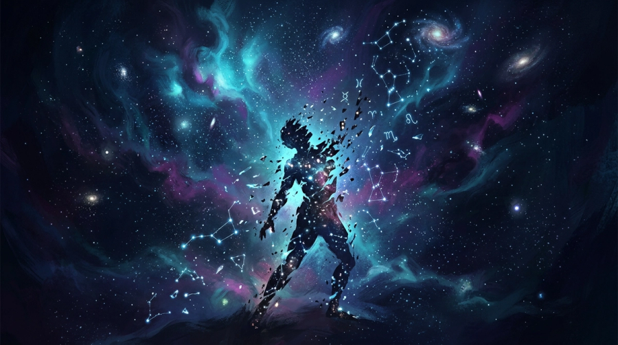 A young person sitting at the edge of a vast night sky representing the felt sense of being 28 and lost
