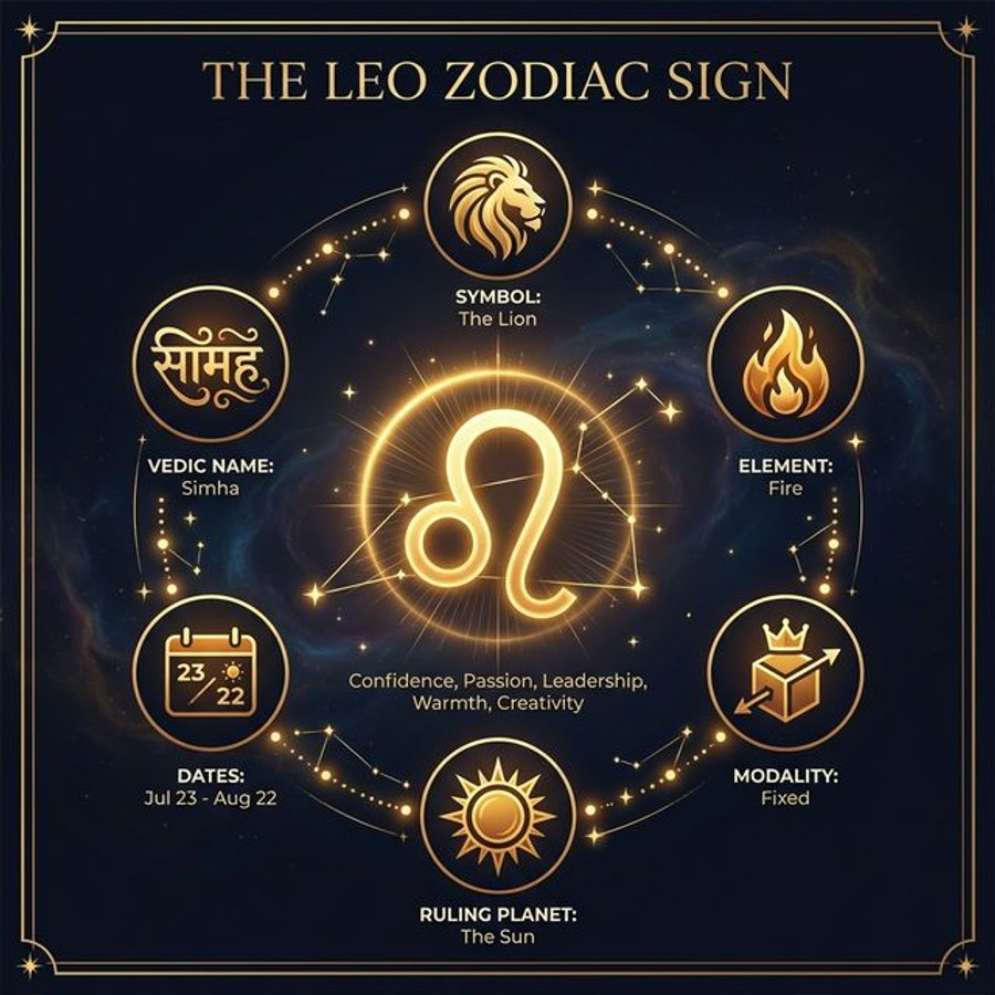 Leo zodiac infographic showing the lion symbol, Sun rulership, fire element, and key personality traits