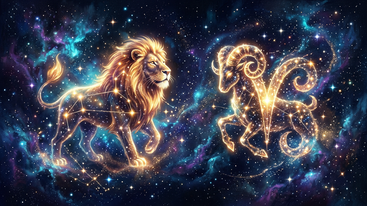 Luminous lion-shaped constellation in golden light beside a second equally bright cosmic figure for best match for Leo woman