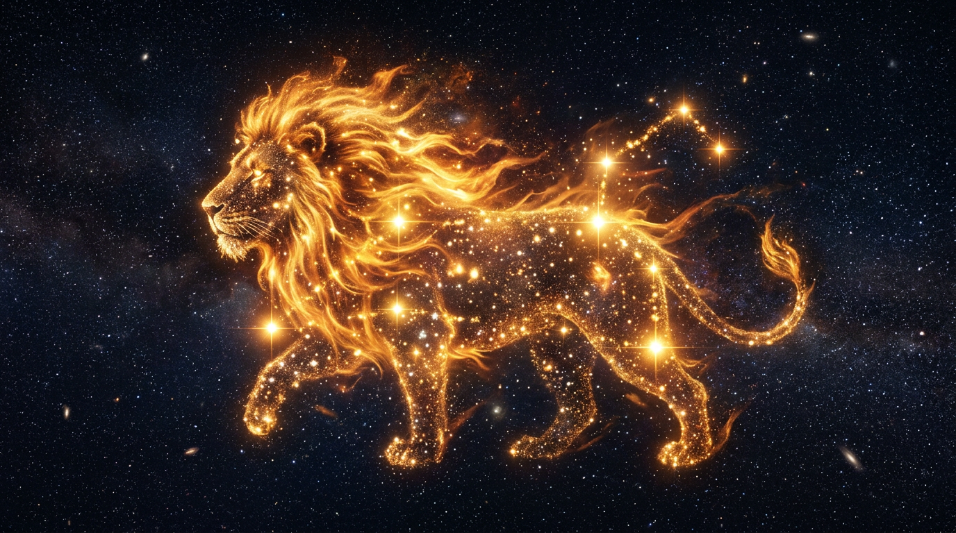 Leo man personality — lion constellation in gold and amber representing solar power and regal nature