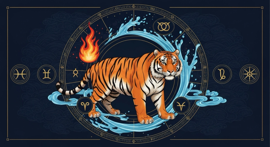 Пять стихий китайского зодиака вокруг Тигра с символами совместимости