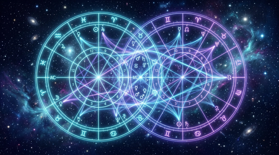 Two overlapping natal chart wheels with glowing connection lines showing a synastry soulmate overlay