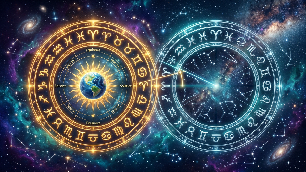 Sidereal vs tropical zodiac wheels side by side showing the 24-degree offset between star-based and season-based astrology systems