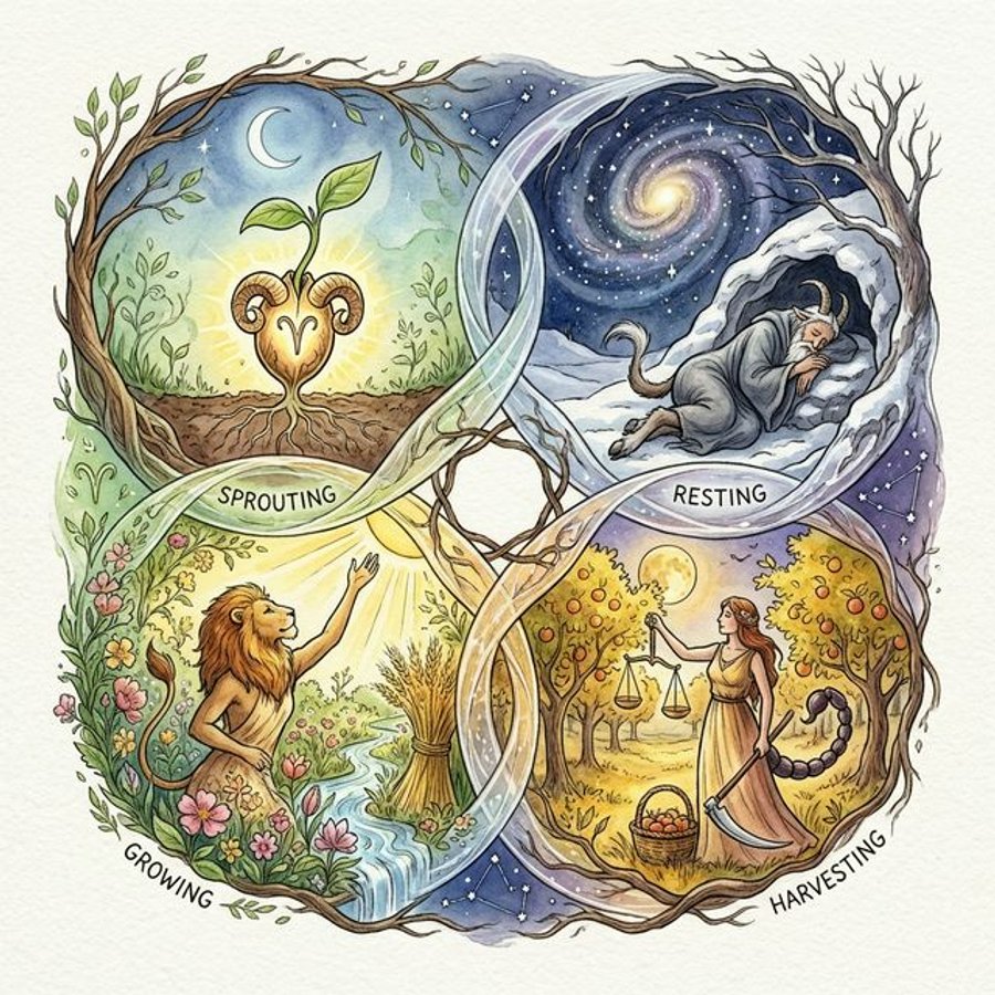 Three modalities of the zodiac cardinal fixed and mutable signs showing how each quality drives the cosmic cycle