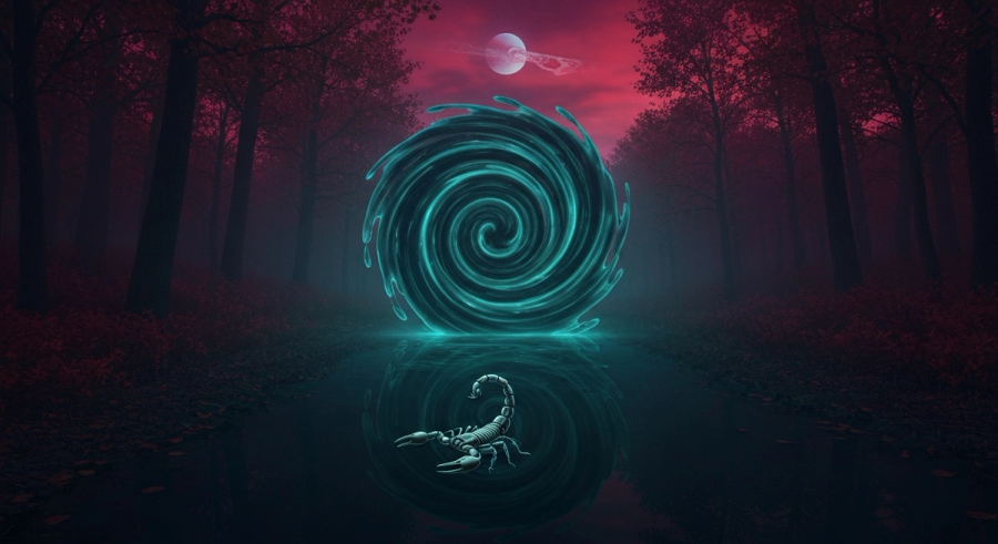 Deep water surface with Scorpio zodiac symbol reflected in moonlit waves