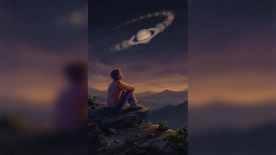 Person sitting on cliff at twilight looking up at Saturn appearing to move backward in the night sky