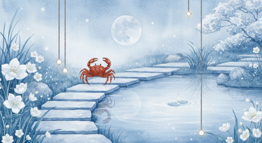 Moonlit garden with crab walking along stone path beside reflective pond with white flowers