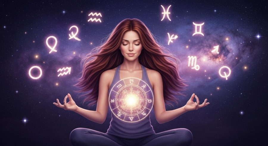 Женщина медитирует под звездным небом с символами зодиака — астрология и самопознание