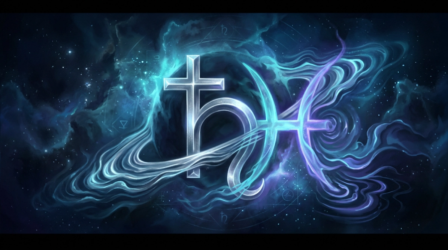 Saturn glyph and Pisces glyph interweaving in silver and violet light with rings turning into wave-forms