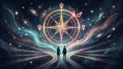 Cosmic compass with planetary symbols and two figures at a celestial crossroads showing how astrology can guide your love life
