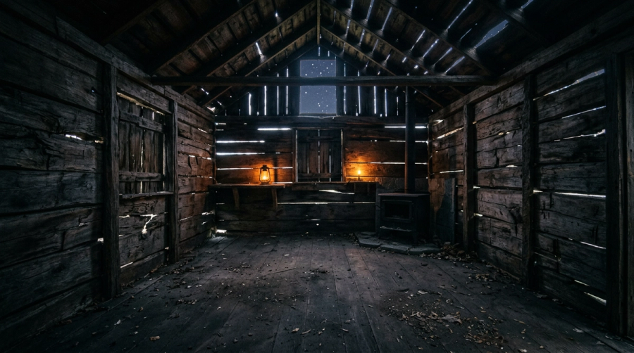Empty house interior with starlight through cracks representing emotional homelessness