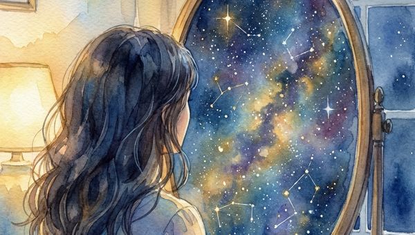 Женщина видит свою космическую природу в зеркале