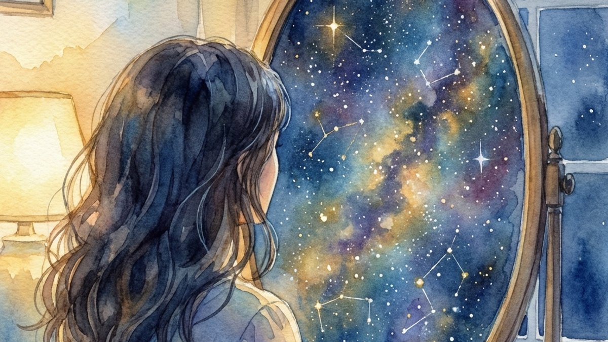 Женщина видит свою космическую природу в зеркале