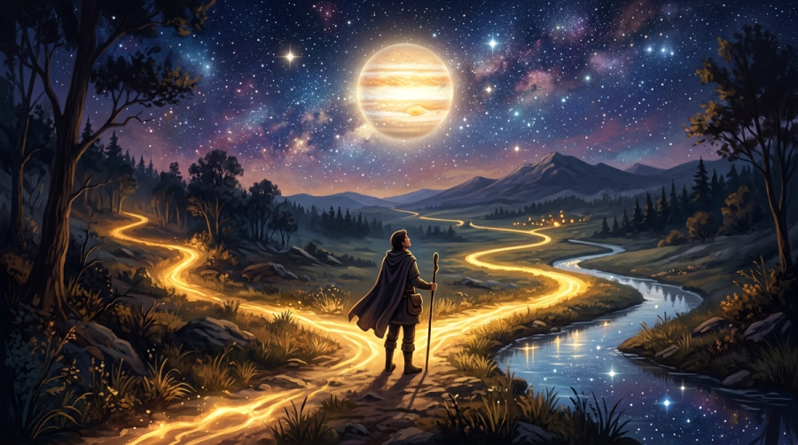Person standing at a crossroads under Jupiter in the night sky with golden paths of opportunity ahead
