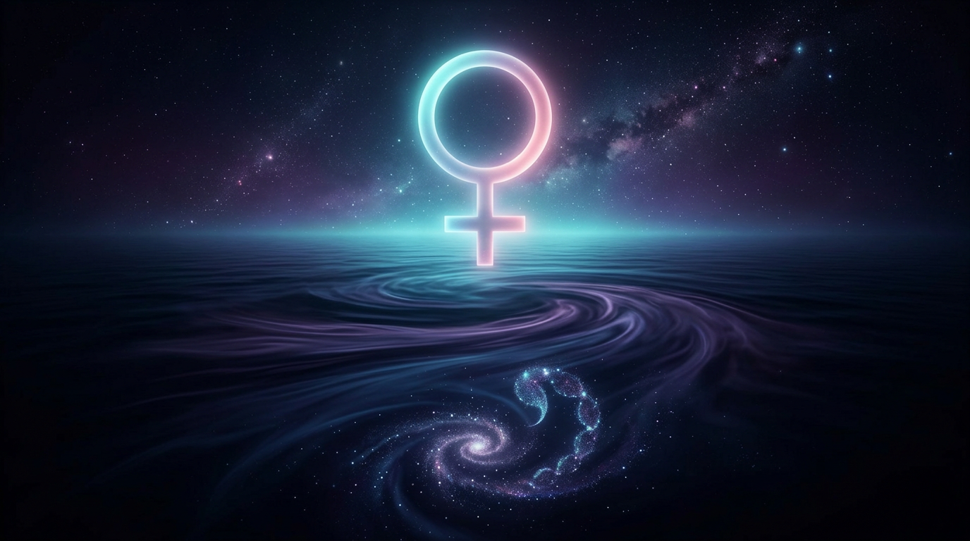 Glowing Venus glyph above dark Scorpio water and a stardust scorpion spiral representing venus in scorpio astrology