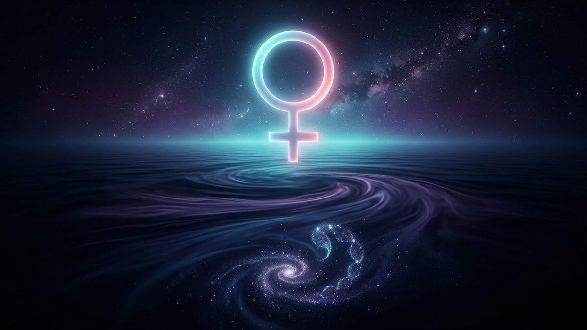 Glowing Venus glyph above dark Scorpio water and a stardust scorpion spiral representing venus in scorpio astrology