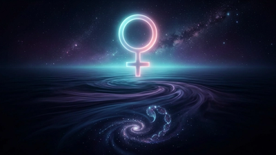 Glowing Venus glyph above dark Scorpio water and a stardust scorpion spiral representing venus in scorpio astrology