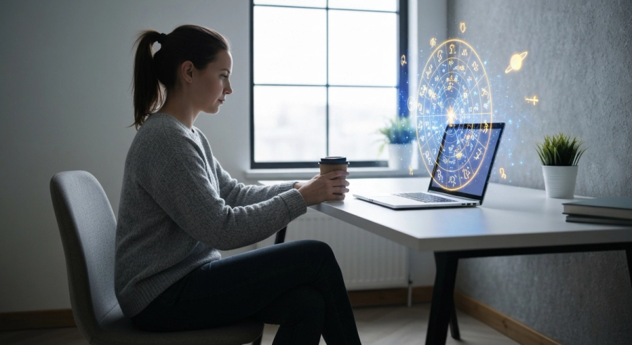 Person reading their free birth chart analysis on a laptop with glowing astrological chart display