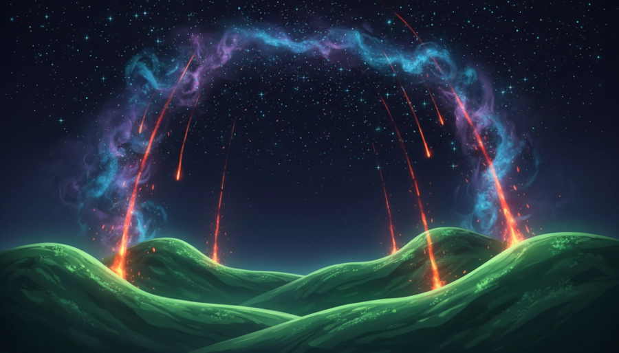 Warm ember trails settling into a luminous earth landscape beneath stars