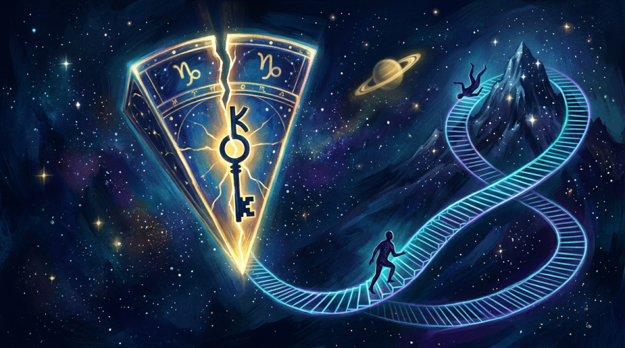Fractured 10th house wedge with Chiron key glyph and a luminous staircase representing the climb-and-fall career archetype