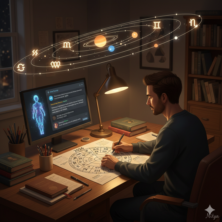 Человек планирует год 2026 с помощью натальной карты и консультирует Nitya о личном астропрогнозе