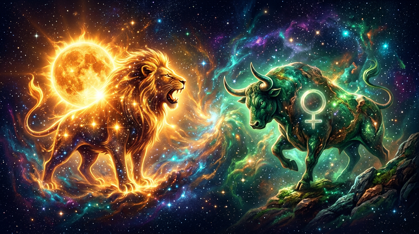 Radiant golden lion sun facing an earthy emerald bull with a Venus glyph for leo and taurus astrology compatibility