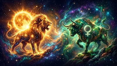 Radiant golden lion sun facing an earthy emerald bull with a Venus glyph for leo and taurus astrology compatibility