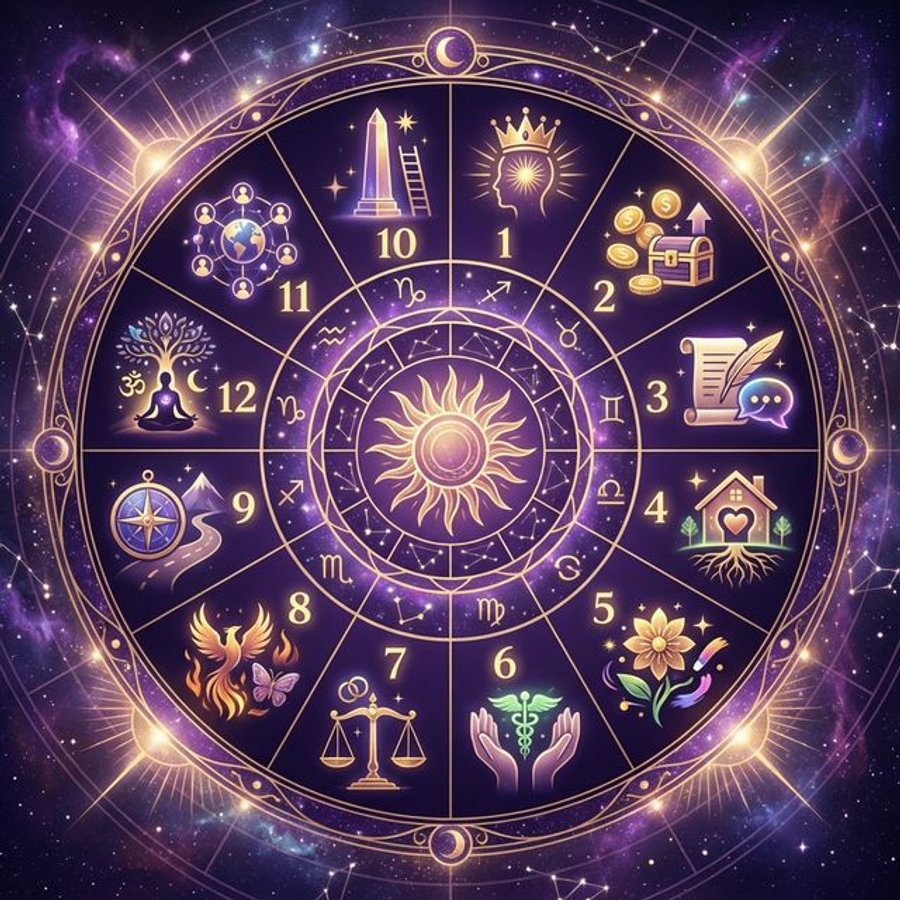 12 astrological houses infographic showing zodiac wheel with icons for each house representing life areas from identity to spirituality