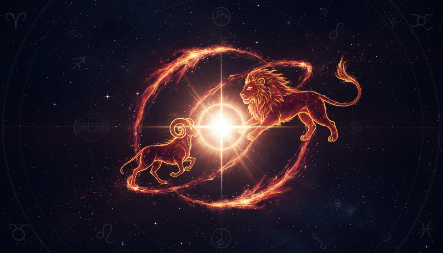 Two glowing fire constellations sharing a warm light in space