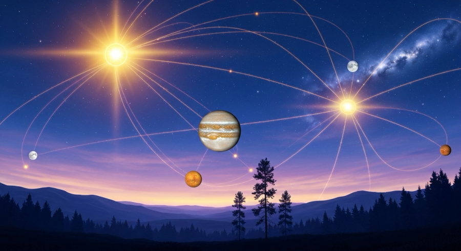 Planetary alignment showing March 2026 transit positions across the zodiac in a twilight sky