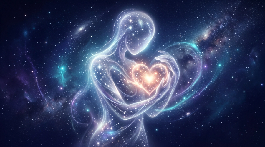 Soft moonlit figure holding a glowing heart symbolizing the moon sign as the inner emotional self
