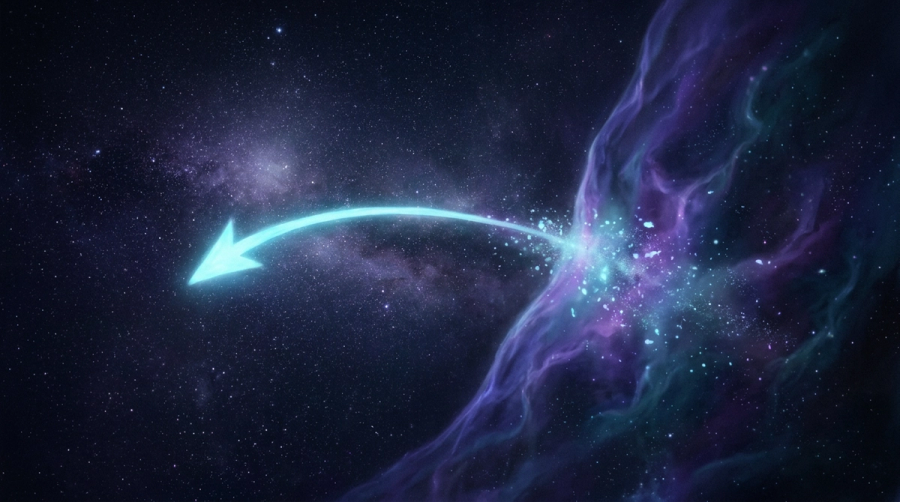 Solitary luminous arrow arcing across a violet nebula representing the unhealable wound that becomes a guide