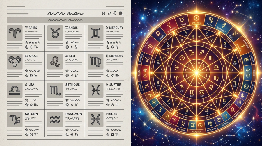 Generic newspaper horoscope grid compared to a detailed Vedic birth chart wheel with planetary positions