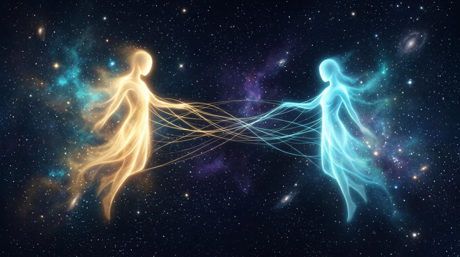 Two luminous figures separated by a starlit gap with golden and cyan threads of light reaching between them