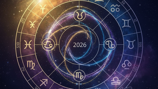 Астропрогноз 2026 - зодиакальный круг с ключевыми планетарными транзитами года