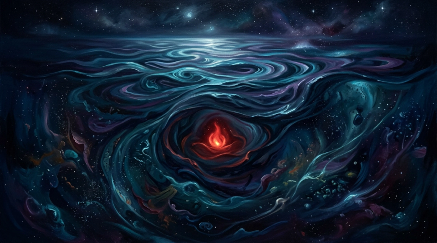 A contained ember of red fire glowing beneath swirling dark water and moonlight