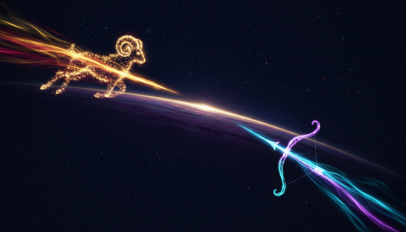 Aries Sagittarius compatibility shown as two fire trails crossing a cosmic sky