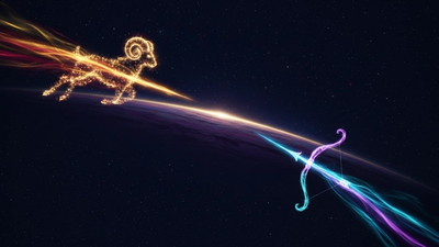 Aries Sagittarius compatibility shown as two fire trails crossing a cosmic sky