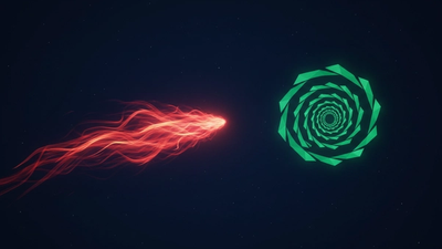 Aries Virgo compatibility represented by a red fire comet meeting an emerald earth constellation