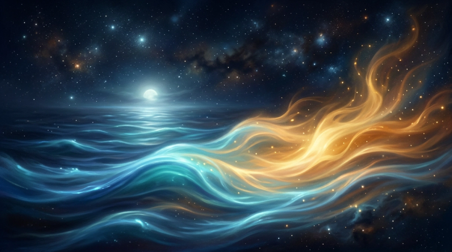Moonlit blue ocean tide merging with warm golden solar flares representing Cancer and Leo emotional chemistry