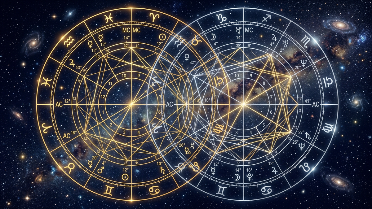 Compatibility horoscope — two birth charts overlapping showing synastry connections between partners