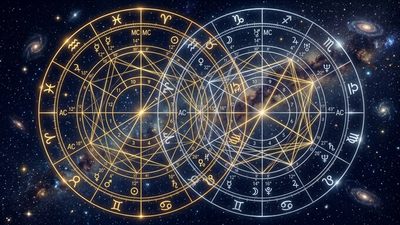 Compatibility horoscope — two birth charts overlapping showing synastry connections between partners