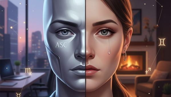 Портрет человека, разделённый на две половины - внешняя маска (асцендент) и истинное лицо (внутренняя природа)