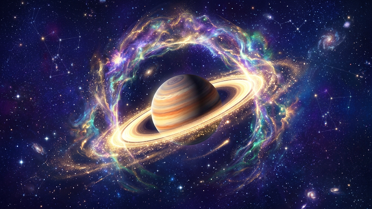 Saturn return calculator - Saturn with glowing rings passing through celestial gateway in cosmic space