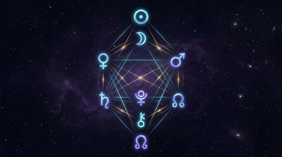 Cosmic checklist of Sun Moon Venus Mars Saturn Pluto Chiron and Node glyphs connected by aspect lines forming a complete compatibility test