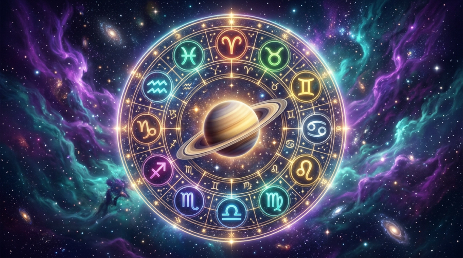 Zodiac wheel with Saturn at center showing all twelve astrological signs in cosmic space