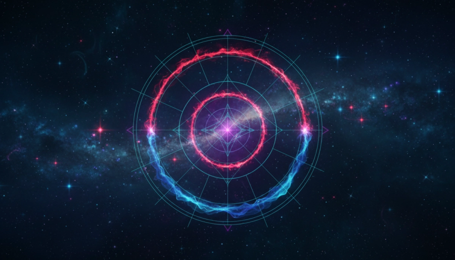 Astrology wheel joining fire and water signs with luminous aspects