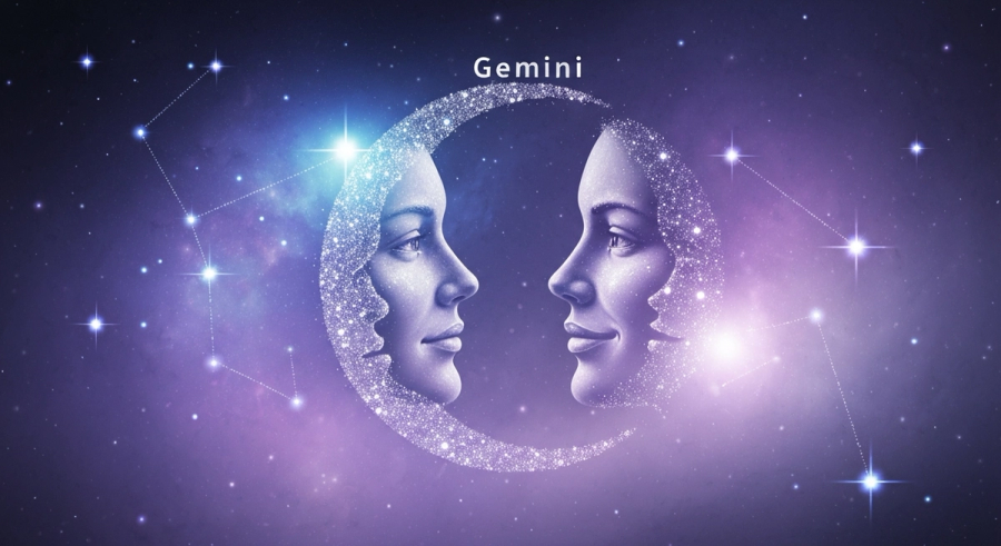 Crescent moon in Gemini constellation with twin faces made of stardust representing duality
