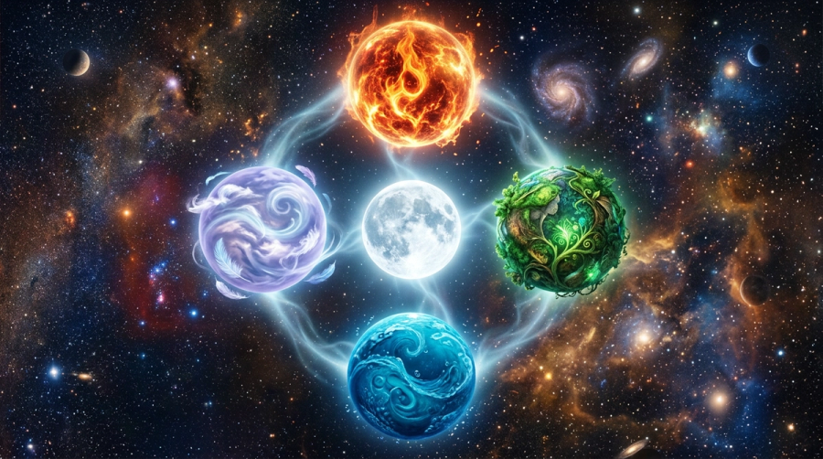 Four elements fire earth air water with moon symbols showing compatibility patterns